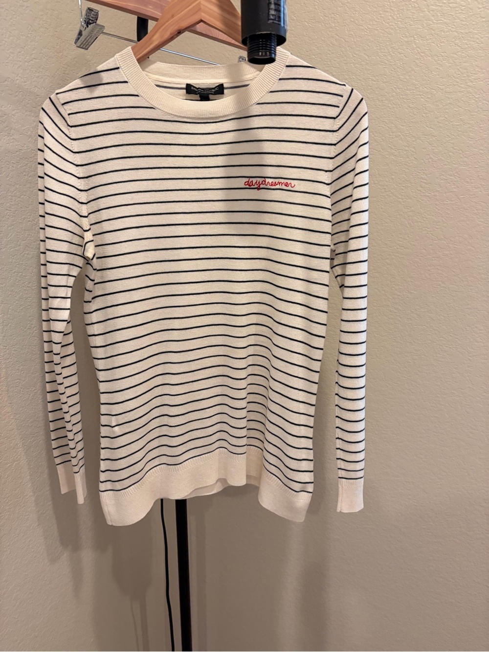 Banana Republic White Crewneck Sweater with Navy Stripes and Red Embroidery
